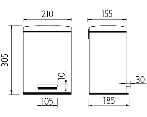 Technický nákres pedálového koša s rozmermi