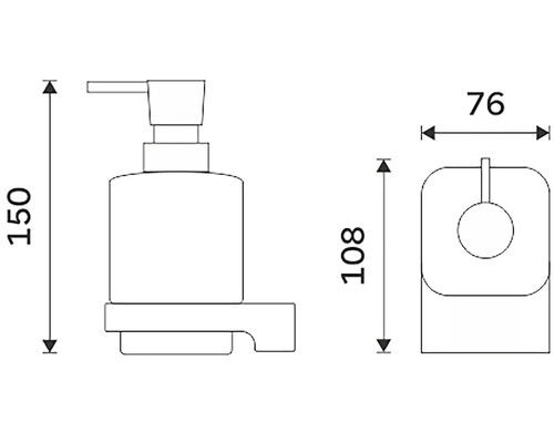 Technický nákres dávkovača mydla s rozmermi.