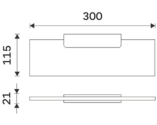 Technický výkres úchytky s rozmermi 300 x 115 x 21 milimetrov