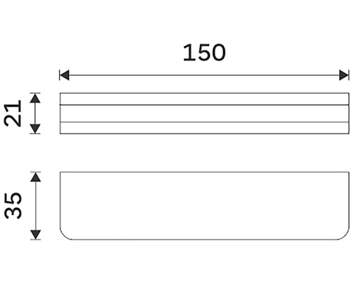 Technický nákres s rozmermi: dĺžka 150, výška 21 a 35