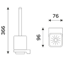 Technický nákres WC kefy s držiakom a rozmermi výška 366 mm, šírka 76 mm a hĺbka 96 mm.