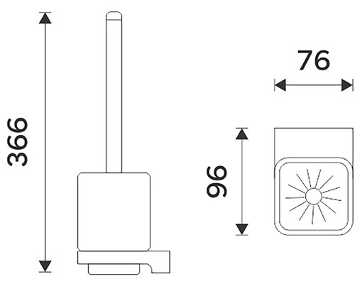 Technický nákres WC kefy s držiakom a rozmermi výška 366 mm, šírka 76 mm a hĺbka 96 mm.