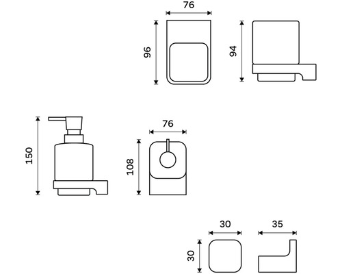 Technický nákres rôznych kúpeľňových doplnkov s rozmermi