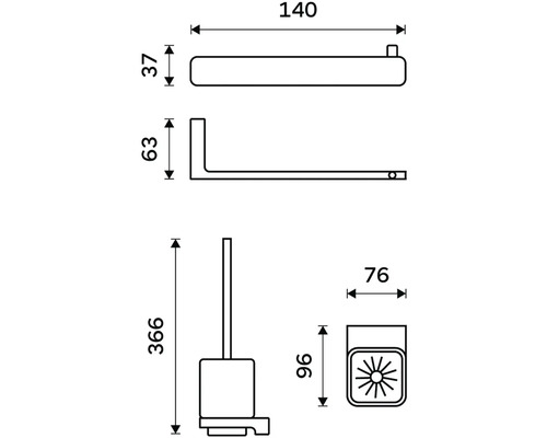 Technický nákres súpravy kúpeľňových doplnkov s držiakom toaletného papiera a WC kefou s držiakom, vrátane rozmerov