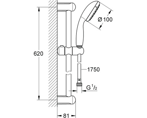 Technický nákres sprchovej tyče s ručnou sprchou a rozmermi