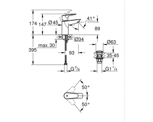 Technický výkres vodovodnej batérie s rozmermi
