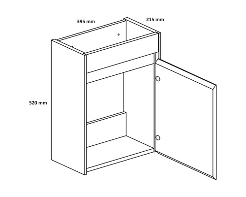 Nákres závesnej skrinky s dvierkami a policami s rozmermi 395 mm x 215 mm x 520 mm.