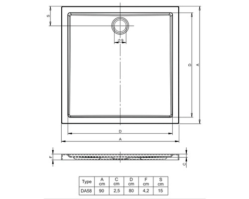 Technický nákres sprchovej vaničky s rozmermi