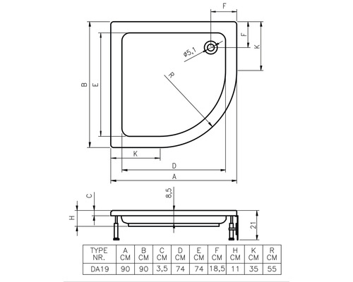 Technický nákres sprchovej vaničky s rozmermi