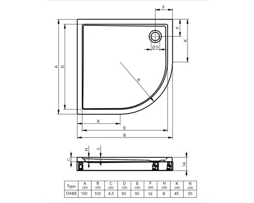Technický výkres sprchovej vaničky s rozmermi