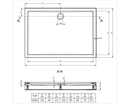 Technický nákres sprchovej vaničky s rozmermi