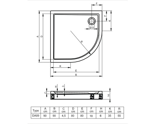 Technický nákres sprchovej vaničky s rozmermi