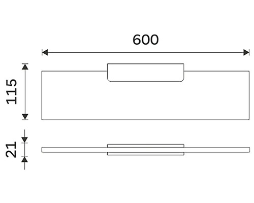 Technický nákres nábytkovej úchytky s rozmermi 600 x 115 x 21 milimetrov
