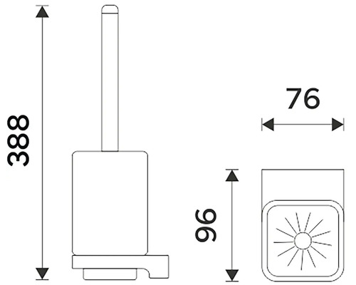 Technický nákres toaletnej kefy s držiakom a rozmermi 388 mm výška, 76 mm šírka a 96 mm hĺbka
