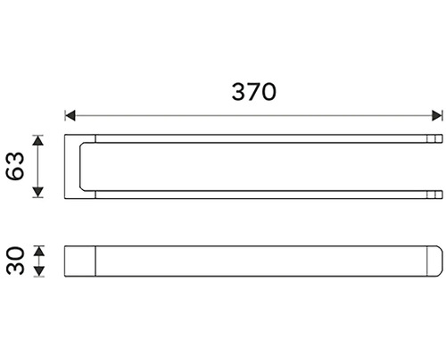 Technický nákres držiaka na uteráky s rozmermi 370 mm šírka, 63 mm výška a 30 mm hĺbka