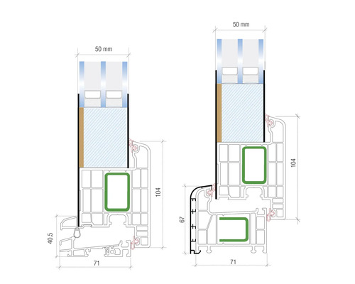 Technický výkres dvoch okenných profilov s rozmermi