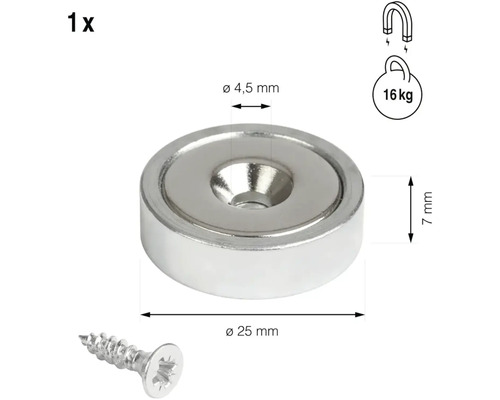 Guľatý magnet so zápustným otvorom, priemer 25 mm, vrátane skrutky