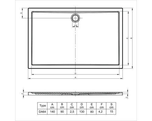 Technický nákres sprchovej vaničky s rozmermi