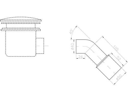 Technický nákres vypúšťacieho ventilu s kolenom a rozmermi