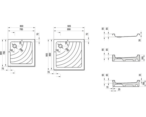 Technický výkres sprchovej vaničky s rozmermi.