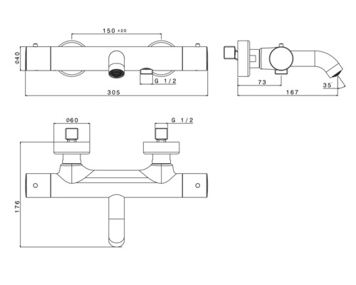 Technický nákres vodovodnej batérie s rozmermi