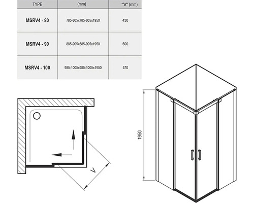 Technický nákres sprchovacieho kúta s rozmermi a detailmi produktu