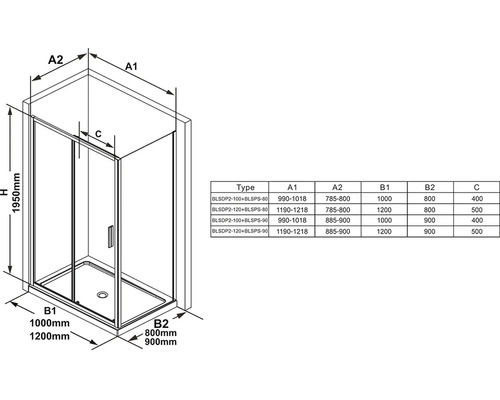 Technický výkres sprchovacieho kúta s rozmermi a prehľadom typov