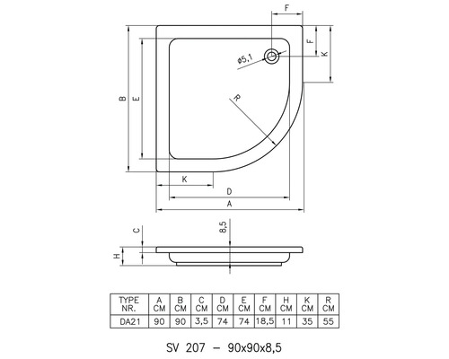 Technický nákres sprchovej vaničky s rozmermi