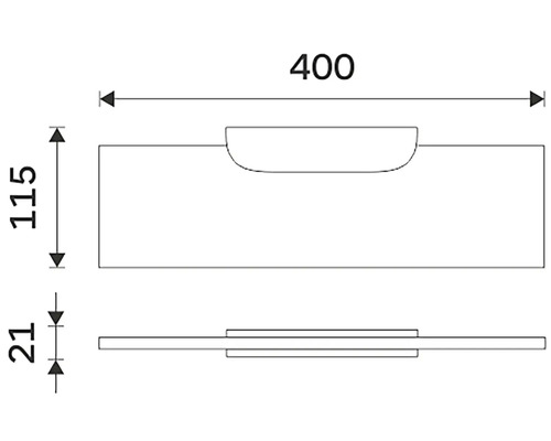 Technický nákres umývadla s rozmermi 400 x 115 x 21 mm