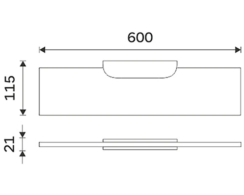 Technický nákres s rozmermi 600, 115 a 21