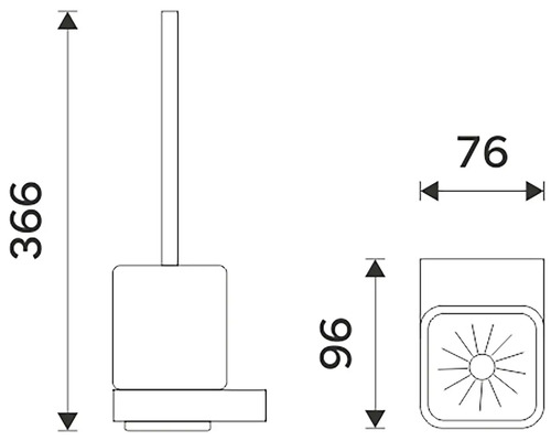 Rozmery WC kefy s držiakom ako schematický nákres
