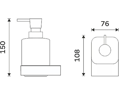 Technický nákres dávkovača mydla s rozmermi.