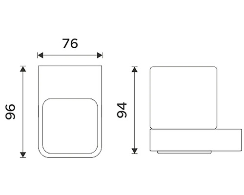 Technický nákres dávkovača mydla s rozmermi 76 x 96 mm a výškou 94 mm