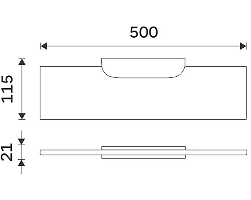 Technický nákres nábytkovej úchytky s rozmermi 500 x 115 x 21 mm.