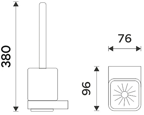 Technický nákres WC súpravy s rozmermi výška 380 mm, šírka 76 mm a hĺbka 96 mm.