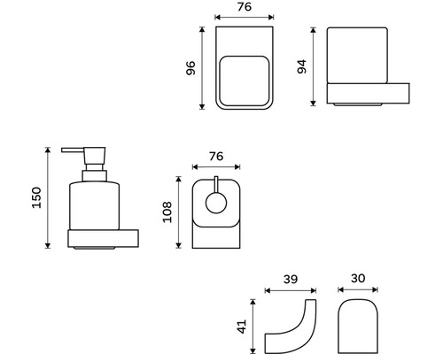 Technický nákres kúpeľňovej súpravy s dávkovačom mydla, pohárom, držiakom toaletného papiera a háčikom s rozmermi