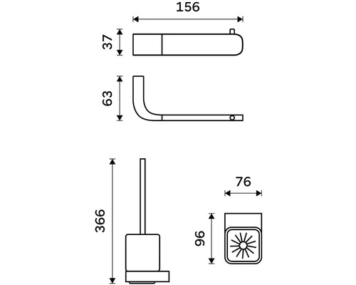 Technický nákres držiaka toaletnej kefy a držiaka role papiera s rozmermi