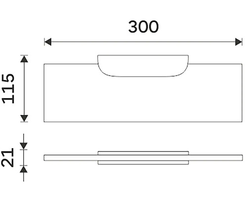 Technický nákres umývadla s rozmermi 300, 115 a 21 milimetrov.