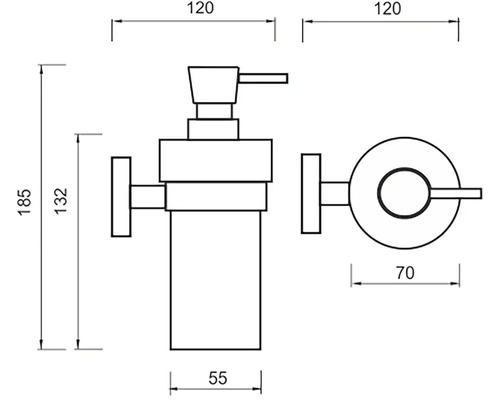 Technický nákres dávkovača mydla s rozmermi