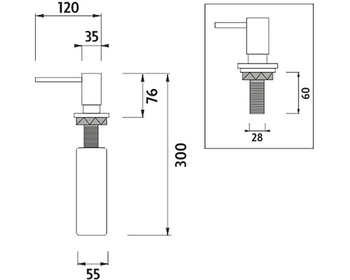 Technický nákres dávkovača mydla s rozmermi