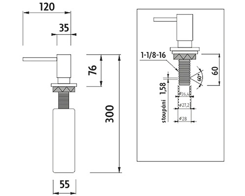 Technický nákres dávkovača mydla s rozmermi