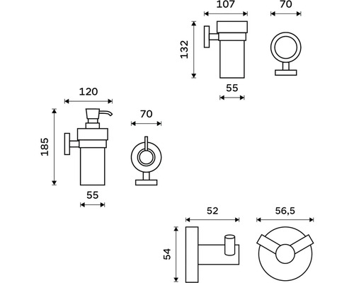 Technický nákres súpravy kúpeľňových doplnkov s dávkovačom mydla, krúžkom na uterák a vešiakom na odevy s rozmermi