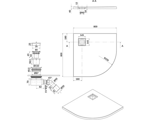 Technický nákres sprchovej vaničky s rozmermi
