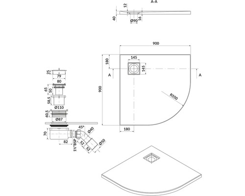 Technický nákres sprchovej vaničky s rozmermi