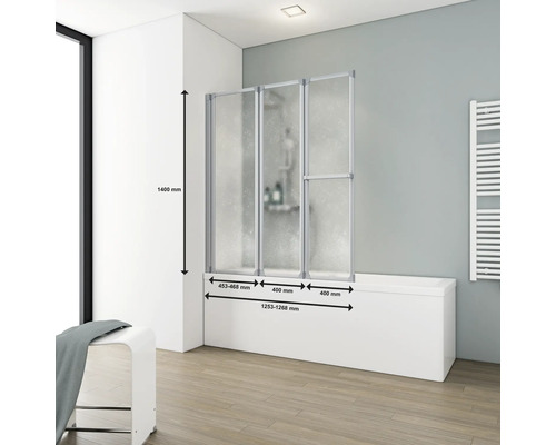 Vaňová zástena s tromi prvkami a rozmermi v kúpeľni