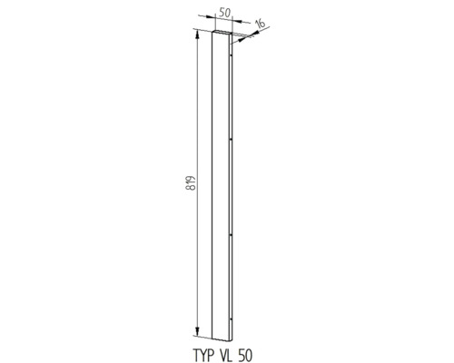 Technický výkres nábytkového dielu s rozmermi 819 x 50 x 16 mm