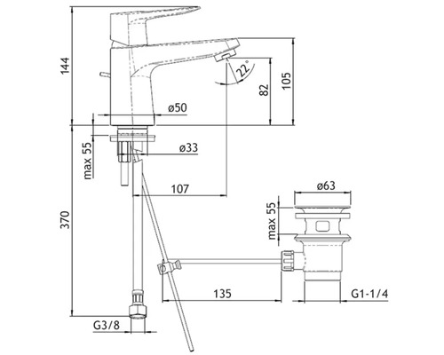 Technický nákres vodovodnej batérie s rozmermi
