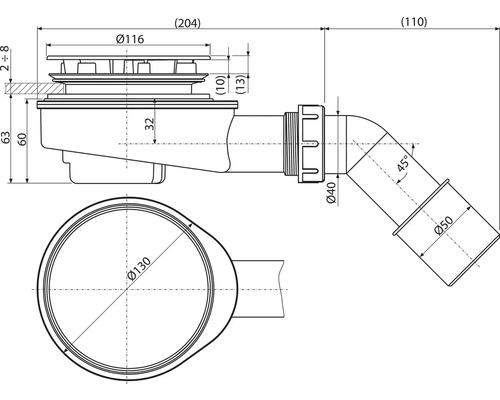Technický nákres sifónu s rozmermi
