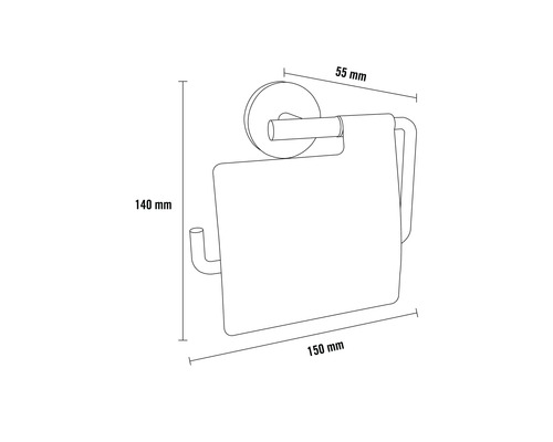 Technický nákres držiaka toaletného papiera s rozmermi 140 mm výška, 150 mm šírka a 55 mm hĺbka.