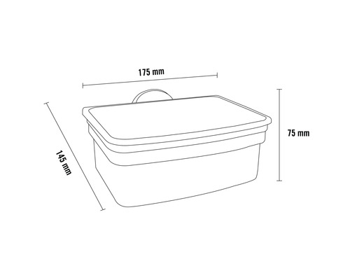 Technický nákres úložného boxu s rozmermi 175 mm šírka, 145 mm dĺžka a 75 mm výška.